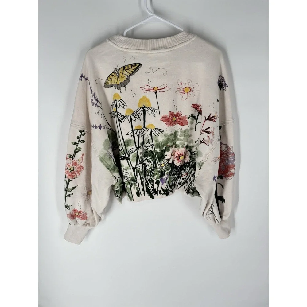 FREE PEOPLE Gaia Floral Sweatshirt XS Oversized Garden Boho Forest Fairy
